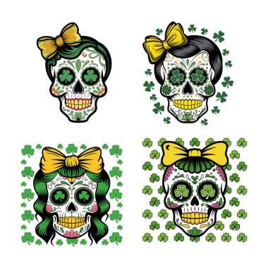 St. Patrick's Day Sugar Skull Artwork with Green Clovers and Yellow Bows vector clipart