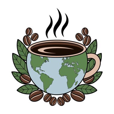 Global Coffee Cup Illustration with Coffee Beans and Leaves vector clipart