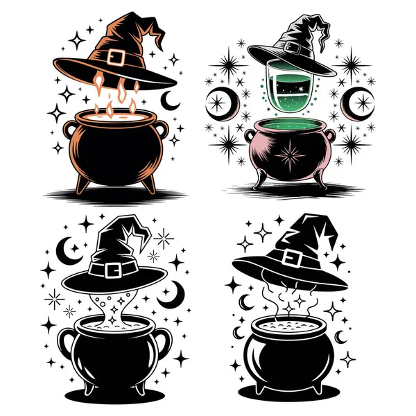 Sihirli Cadı Şapkaları ve İksirler ve Göksel Semboller vektörü, silueti olan Kazanlar, 