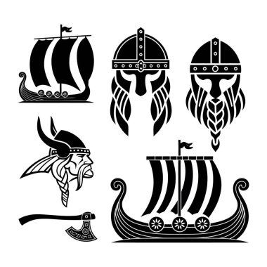 Norse Iconography: Viking uzun gemileri, miğferleri ve baltalarından oluşan, koyu siyah ve beyaz renkli çizimler içeren, İskandinav kültürünün ikonik unsurlarını gösteren çarpıcı bir tasvir koleksiyonu.