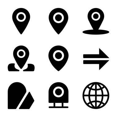 Konum Simgeleri iğne noktası işaretleyicileri, yön okları ve küresel temsiller de dahil olmak üzere kapsamlı bir konum ve seyrüsefer sembolleri koleksiyonu ayarla.