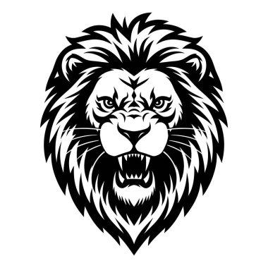 Kızgın vahşi kedi baş vektör maskotu illüstrasyonu, kabile aslanı yüzü silueti, Siyah ve Beyaz Kükreyen Aslan Başı Çizimi 