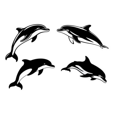Bir vektör yunus silueti okyanusta yüzer, bir deniz memelisi çizimi, Siyah ve Beyaz Yunus siluetleri yüzer ve zıplayan vektör