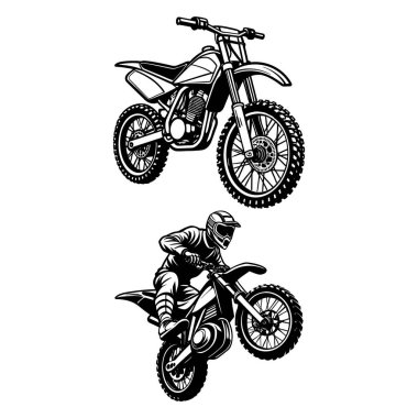 Çeşitli stil ve tasarımlara sahip beyaz zemin üzerinde motosiklet Dinamik Motorlu Motokros Sürücüsü Çizimi