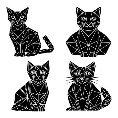 Komik Kara Kediler Çizgi Film Tarzı, Geometrik Kara Kedi Sanat Tasarımı Poligon Desenli