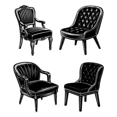 Konforlu ve şık bir iç mekânda bulunan siyah-beyaz ahşap sandalyeler ve mobilyalar, çeşitli vintage Armchair ve Illustrations