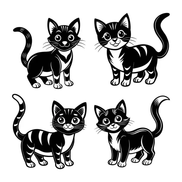 Siyah beyaz kedi siluetleri şirin ve eğlenceli bir tarzda, Çizgili ve Benekli Şirin Siyah ve Beyaz Çizgili Kedi Yavruları Çizimleri