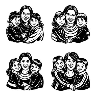Anneler Günü, siluet, vektör, sıcak aile resimleri kucaklaşmalar ve birlikte gülümsemeler.