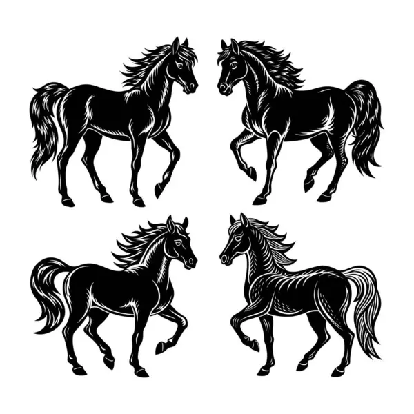 Dinamik Pozisyonlarda Şekillendirilmiş Siyah ve Beyaz At Siluetleri