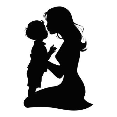 Anneler Günü Silueti. Diz çöküp Küçük Çocuk vektörüne sarılmak.