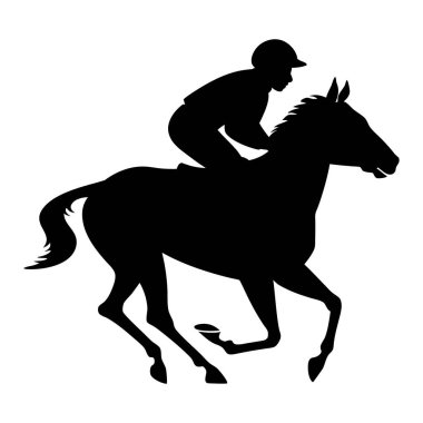 Basit bir illüstrasyonda beyaz bir arka plana karşı hareket eden bir jokeyin silüeti.