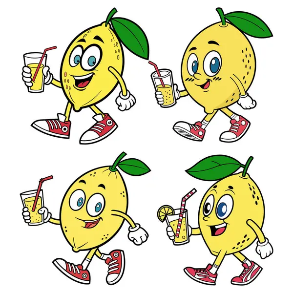 Dört çizgi film limonu yürür ve beyaz arkaplanda bir bardak limonata taşır.