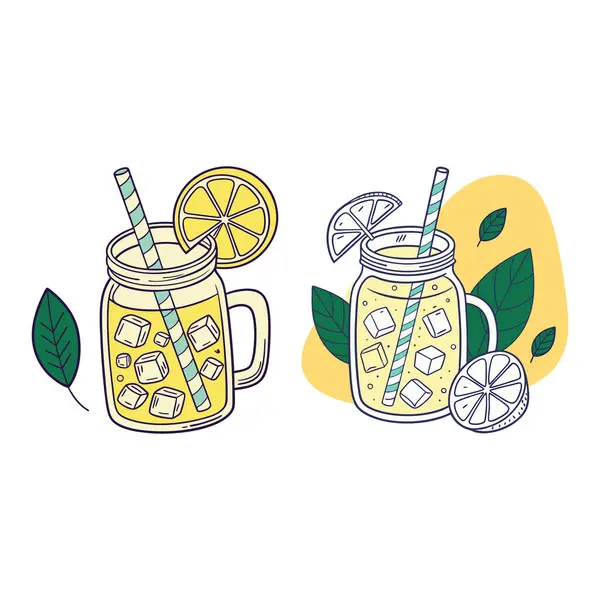 Limonata dolu iki taş kavanozu ve limon dilimleri ve pipet çizim tarzıyla buz küpleri.