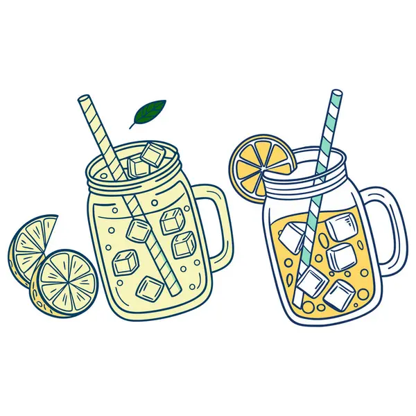 Limonata buzuyla dolu Mason kavanozları ve beyaz arka planda dilimlenmiş limon dilimleri.