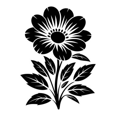 Ayrıntılı Taç ve Yaprakları Olan Siyah ve Beyaz Çiçek Silueti