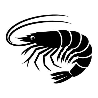 Beyaz zemin üzerinde izole edilmiş bir karides vektörünün siyah silueti