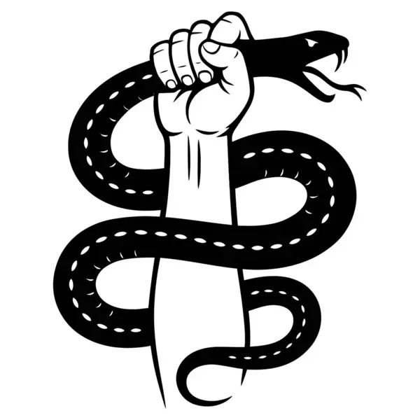 Siyah-beyaz vektör çiziminde bir yılanı tutarken