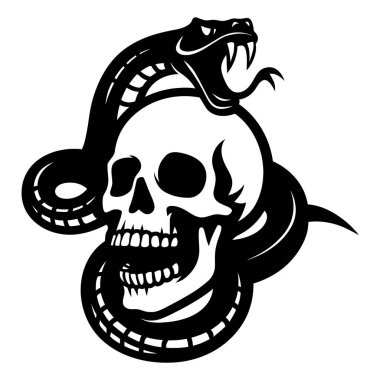 Kafatasının etrafında dolanmış bir yılanın siyah beyaz grafiği