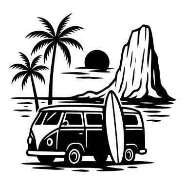 Palmiye ağaçlı bir sahilde sörf tahtası olan bir minibüsün siyah beyaz çizimi