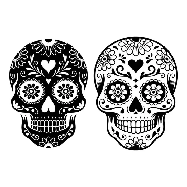 Süslü siyah beyaz siluet şeker kafatasları