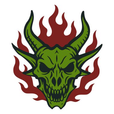 Büyük boynuzları ve keskin dişleri olan ateşli yeşil şeytan kafatası.