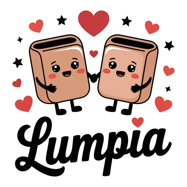 Sevimli lumpia karakterler kalplerle ve yıldızlarla el ele tutuşuyorlar.