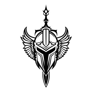 Kanatları ve kılıç tasarımı olan stilize şövalye miğferi