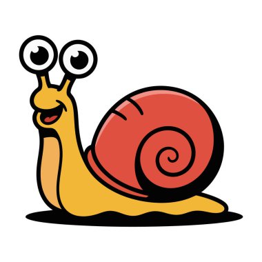 Büyük gözleri ve kırmızı kabuğu olan neşeli bir çizgi film salyangozu.