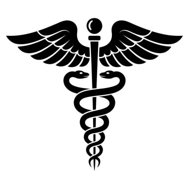 Kanatlı ve birbirine dolanmış yılan vektörlü bir siluet caduceus sembolü.