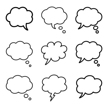 Düşünce çizgisi sanat vektörü illüstrasyonu, bulut konuşma ana hatları simgesi seti