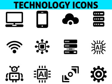 Teknoloji aygıtı ve AI ağ siluet simgesi vektör çizimi