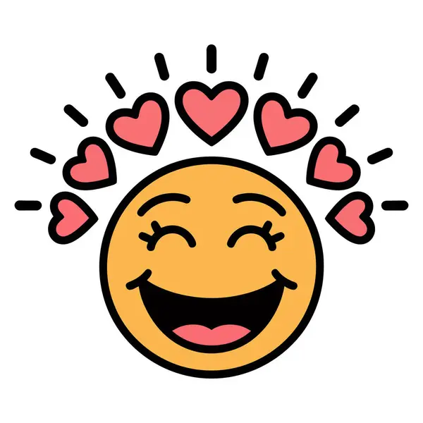 Gülümseyen mutlu emoji suratı, neşeli tarz vektör çizimleriyle çevrili kalplerle.
