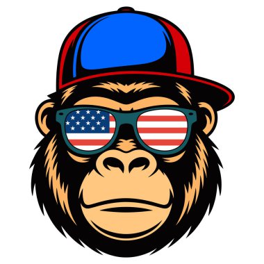 Şapka güneş gözlüğü ve Amerikan bayrağı temalı hippi goril çizgi film vektörü