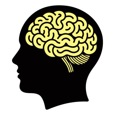 Zeka ya da psikoloji tasarımı için sarı beyin vektör çizimine sahip insan kafası silueti