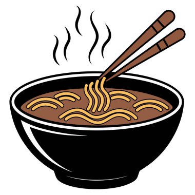 Erişte çorbası kasesi ve yemek çubukları. Klasik Asya yemek çizimi.