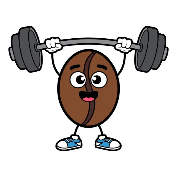 Fitness Kahve Fasulyesi çizgi filmi ağır halter kaldırıyor güçlü maskot vektörü çizimi