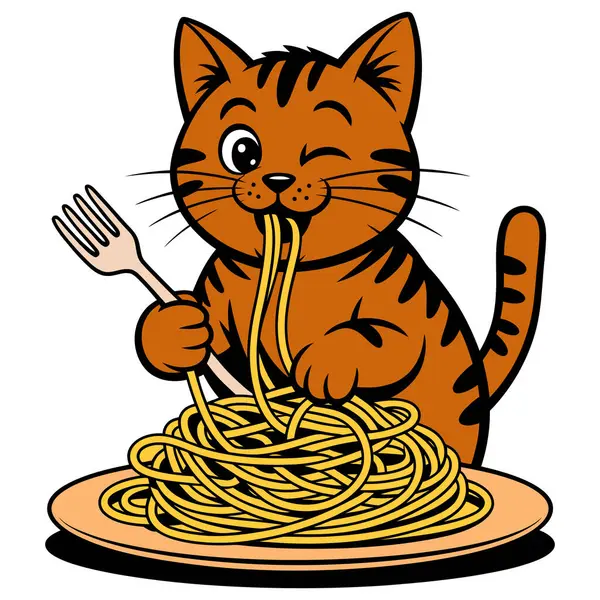 Çatal çizgi film karakteri çizimi ve yemek ve hayvan severler için çizim içeren spagetti yiyen sevimli kedi.