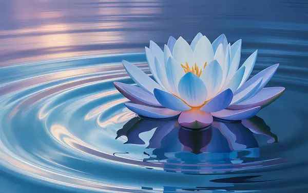 Sakin suyun üzerinde dinlenen güzel bir nilüfer çiçeği yansıması huzur ve sükunet hissi yaratıyor. Günbatımının yumuşak renkleri huzurlu atmosferi güçlendirir..