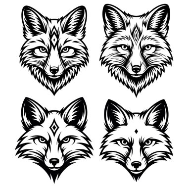 Kabarık kuyruklu ve keskin gözlü, yürüyen iki kızıl tilki maskotu tarzı hayvan, vektör çizimi.