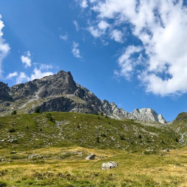 Koyu yeşil gökyüzü ile yeşil bitki örtüsünün üzerinde duran koyu kayalık dağ