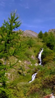 Vahşi dağ deresi Bionaz yakınlarındaki Aosta Vadisi 'nde güneşli dağlık gökyüzünün altında kayalardan aşağı dökülüyor.