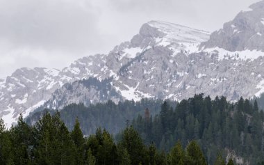 İspanya 'nın Katalan Pireneleri, Cadi-Moixero Doğal Parkı' ndaki Costa Cabirolera 'nın karla kaplı zirvesi, baharın sonlarında kasvetli bir günde görüldü..