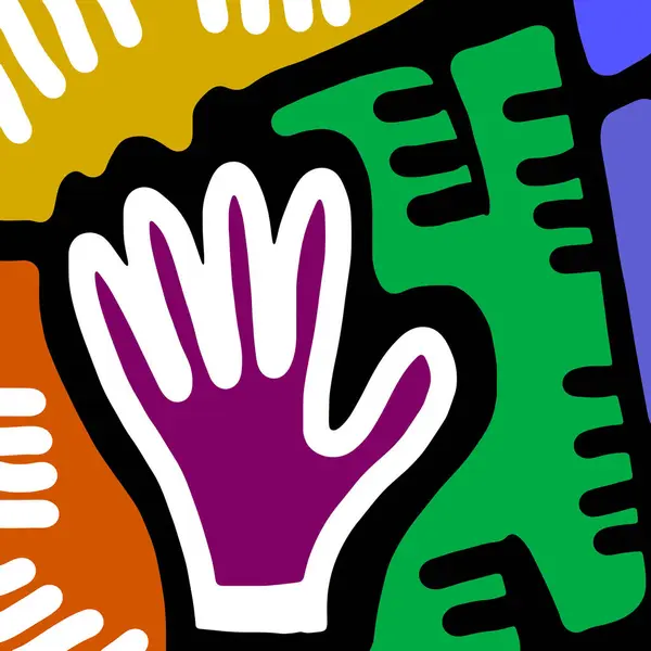 Soyut komik insan eli farklı renkli vektör çizimi. Poster, logo şablonları.