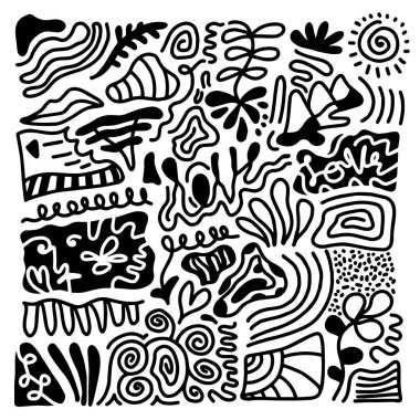 Siyah çizgileri olan el çizimi karalama, çıkartmalar, çizimler, kapaklar için uygun yaratıcı soyut çizim