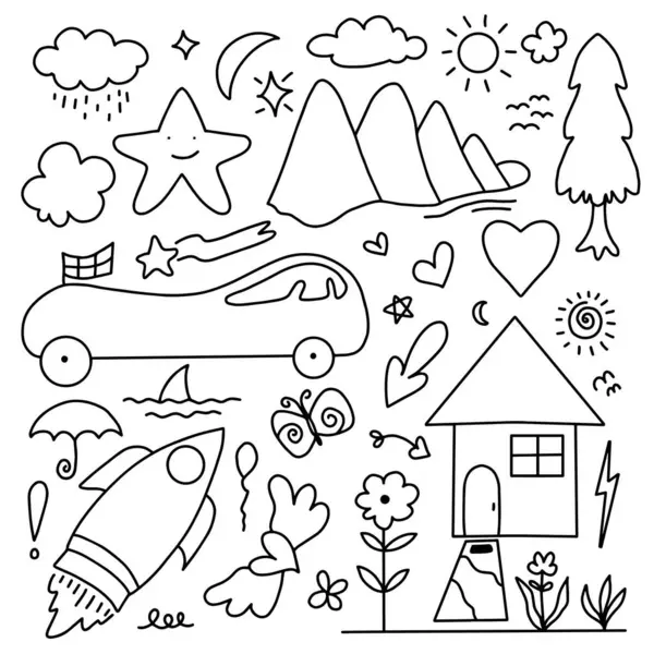 Bir dizi çocuk çizimi. El çizimi şirin çocuk karalamaları. Çocuklar çizer.