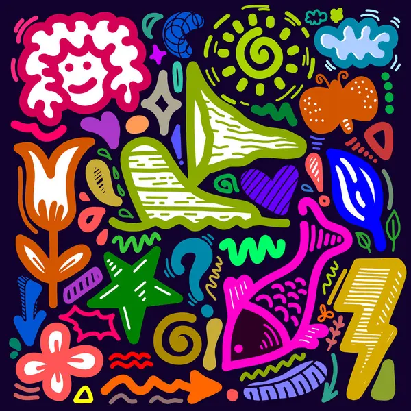 Saf, soyut şekiller çıkartma paketi. Eğlenceli çiçekler, kabarcıklar, yıldızlar, daireler, modaya uygun 90 'ların çizgi film tarzında