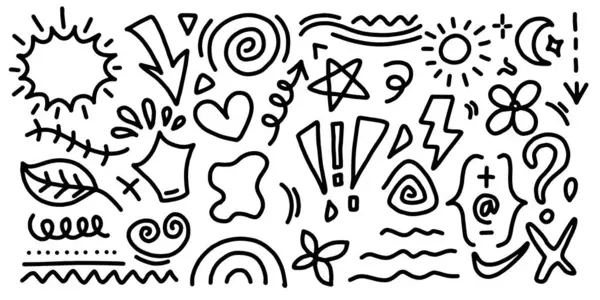 El çizimi elementler. Karalama kalp, ok, yıldız, ışıltı dekorasyon sembolü simgesi.