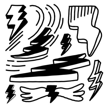 El çizimi taslak stili yıldırım koleksiyonu çizimi. Şimşek karalama simgesi seti. vektör illüstrasyonu.