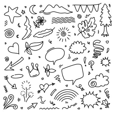 El çizimi karalama tasarımı elementleri. çiçek, ok, kalp, yapraklar, güneş, vurgu ve diğer,