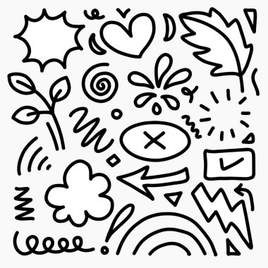Elle çizilmiş çocuklar. Kalpler, yıldızlar, konuşma baloncukları, oklar, yapraklar gibi çeşitli simgeler, beyaz arkaplanda izole edilmiş çiçekler.